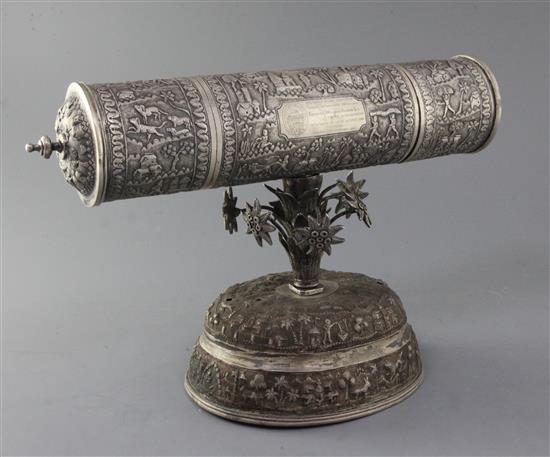 An early 20th century Indian silver presentation scroll case